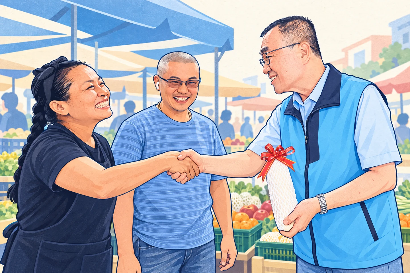 以李四川市場拜票照片為參考的藍色系 AI 插畫，呈現李四川與攤商微笑握手